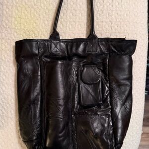Vintage Black Leather Patchwork Tote Bag